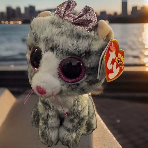 TY Beanie Boos Gray Cat Plush‎ Pink Glitter Bow and Large Eyes Collectible Toy - Picture 1 of 7